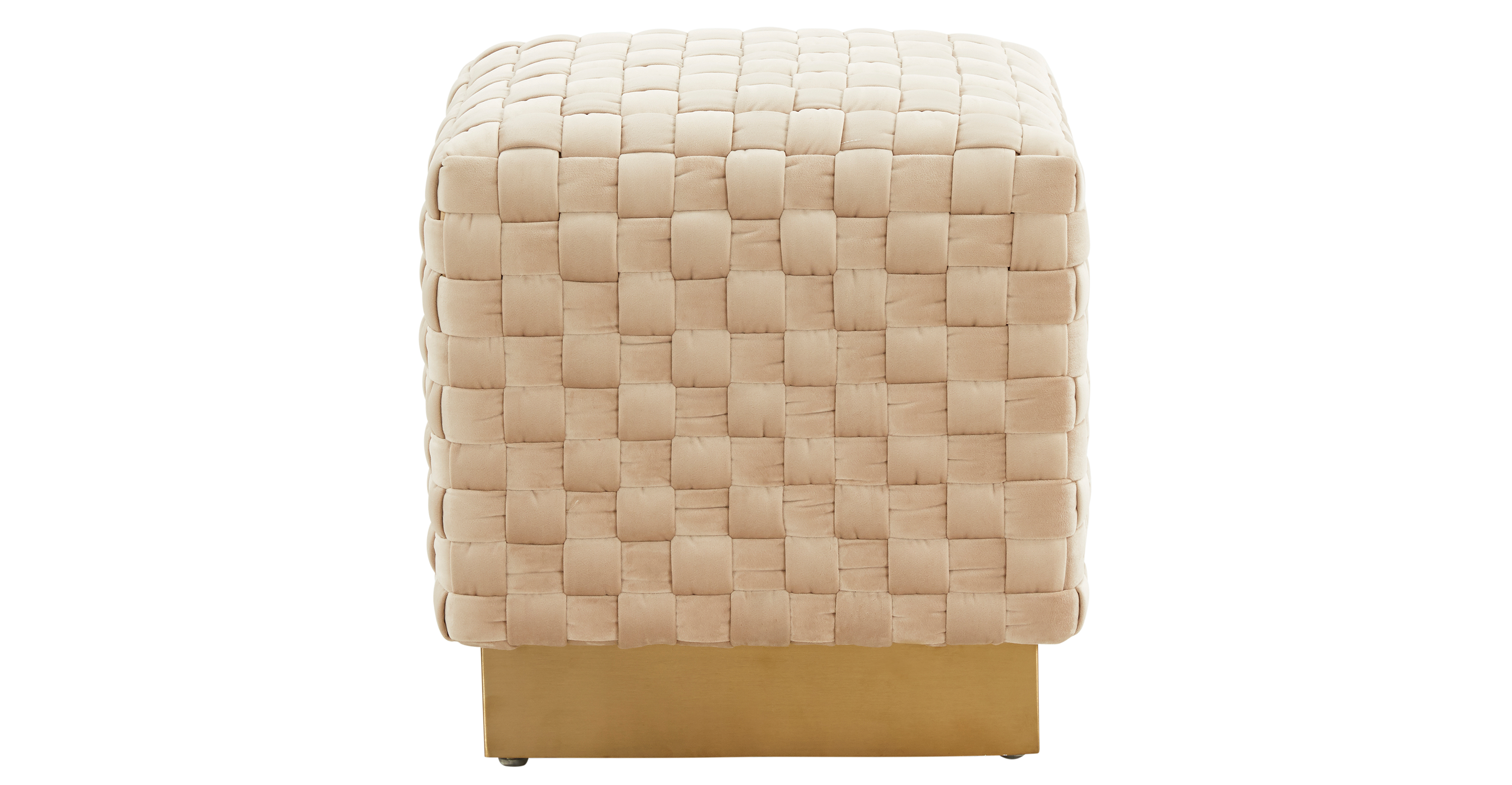 Myrtle 19" Square Weave Design Velvet Ottoman With Gold Base Beige