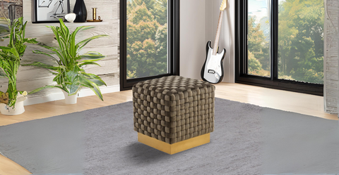 Myrtle 19" Square Weave Design Velvet Ottoman With Gold Base Dark Grey