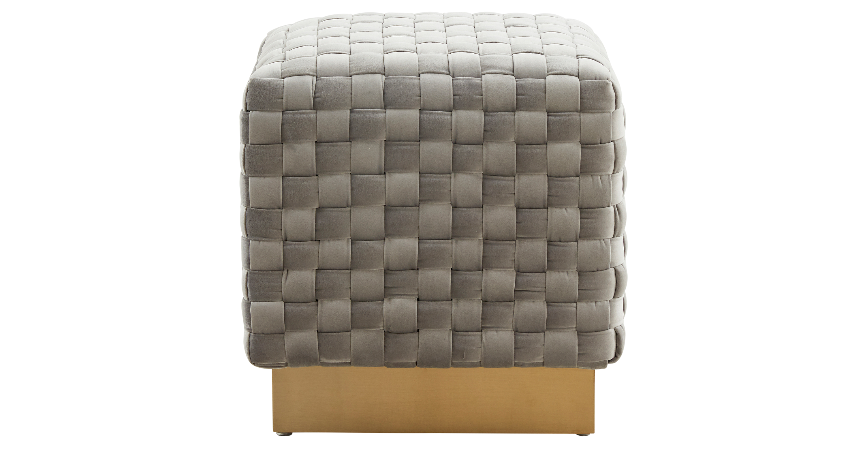 Myrtle 19" Square Weave Design Velvet Ottoman With Gold Base Light Grey