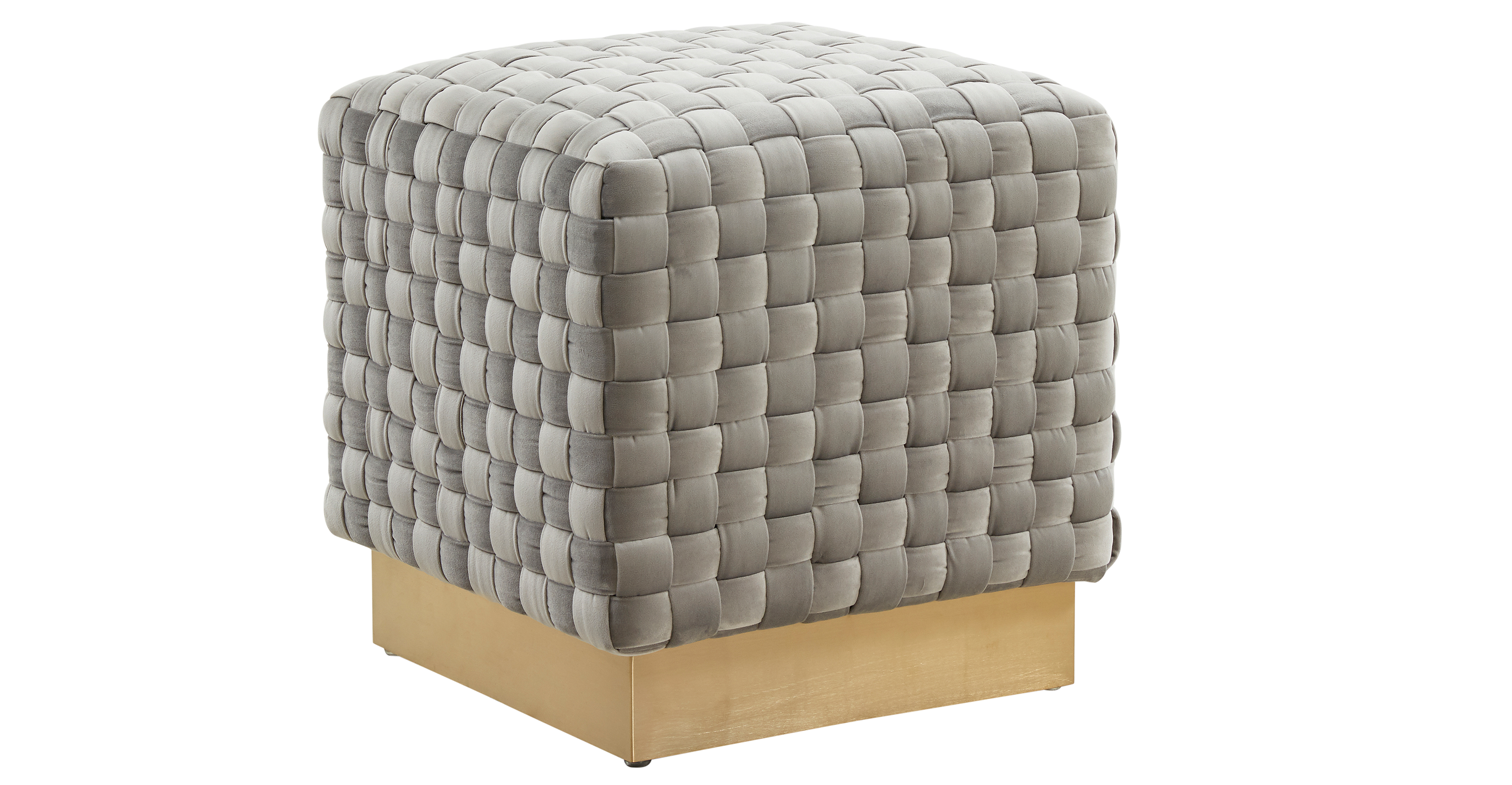 Myrtle 19" Square Weave Design Velvet Ottoman With Gold Base Light Grey