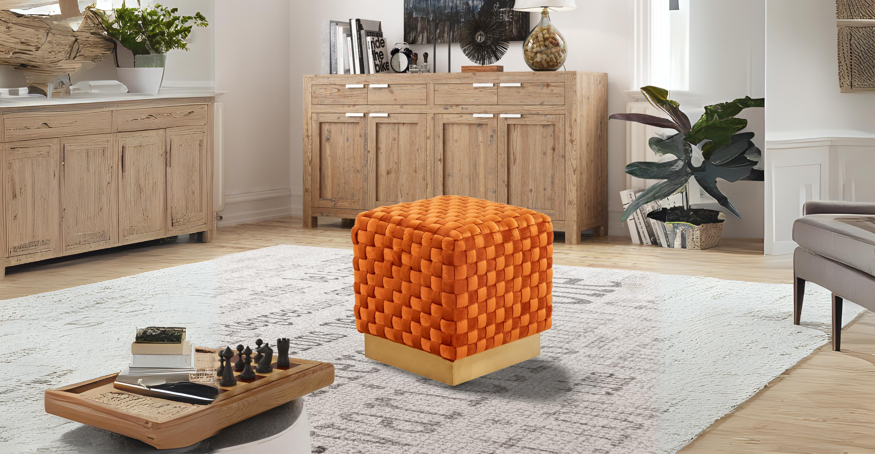 Myrtle 19" Square Weave Design Velvet Ottoman With Gold Base Orange Marmalade