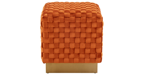 Myrtle 19" Square Weave Design Velvet Ottoman With Gold Base Orange Marmalade