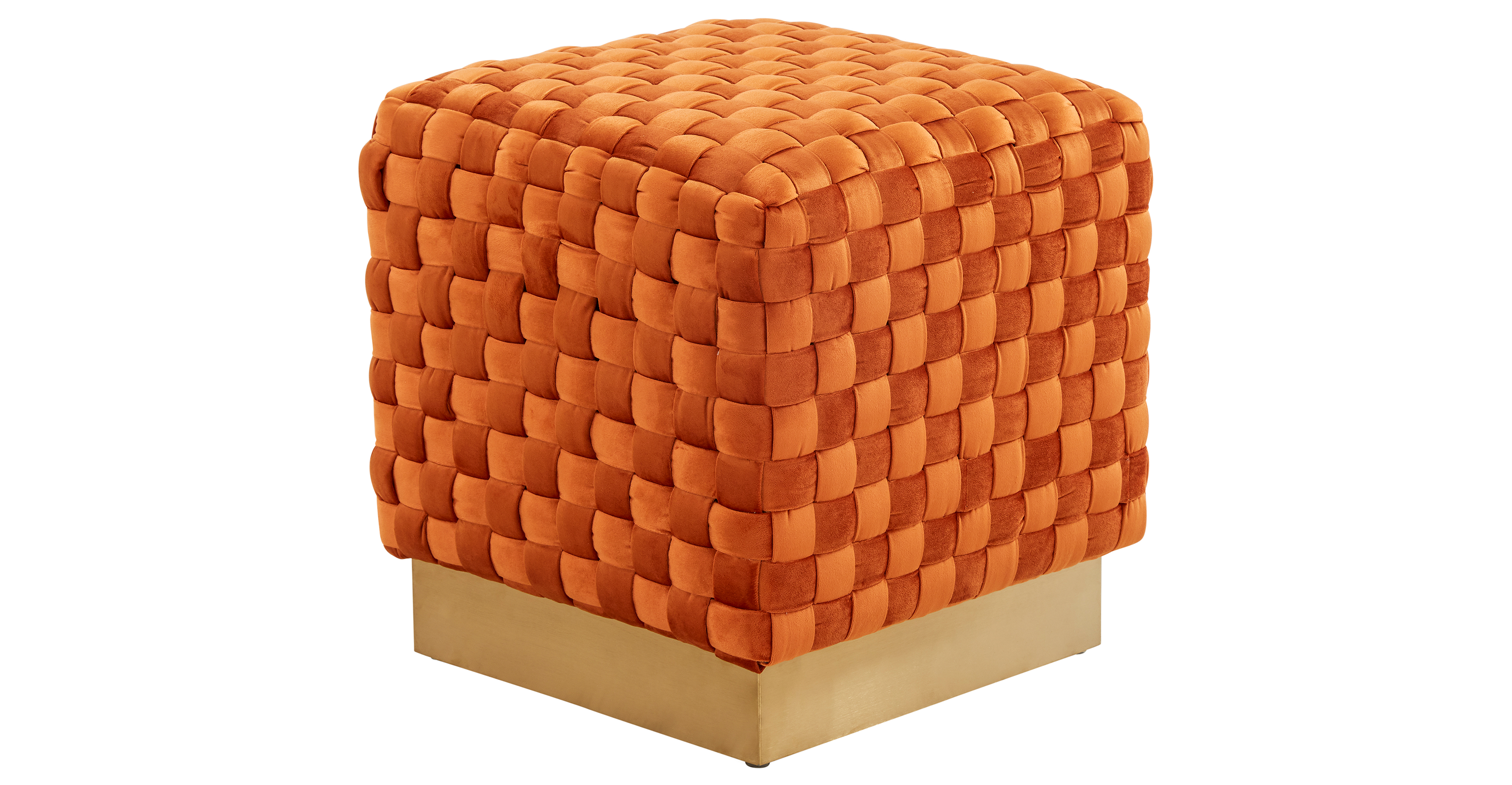 Myrtle 19" Square Weave Design Velvet Ottoman With Gold Base Orange Marmalade