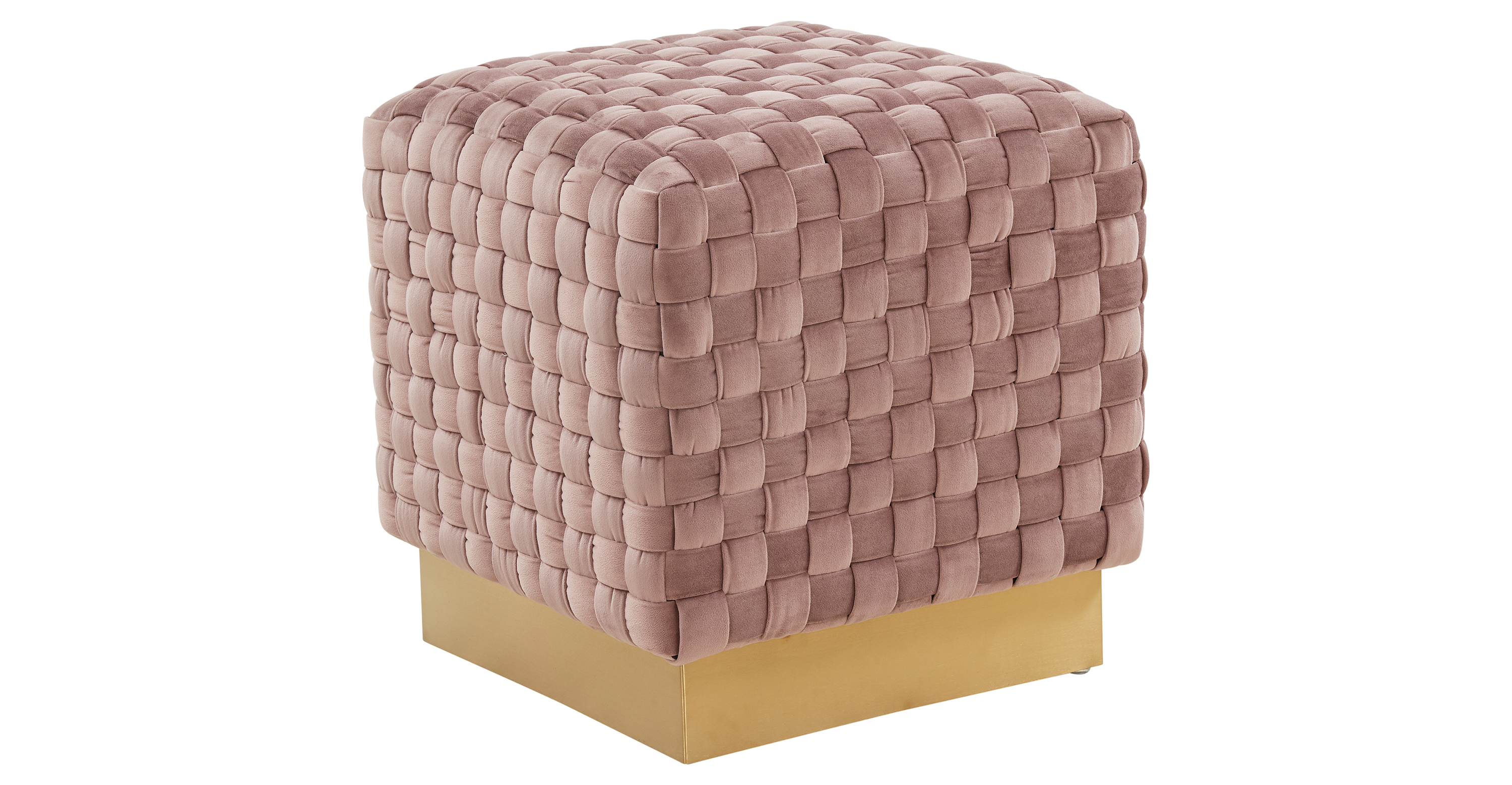 Myrtle 19" Square Weave Design Velvet Ottoman With Gold Base Pink