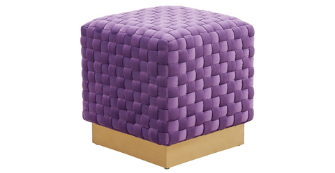 Myrtle 19" Square Weave Design Velvet Ottoman With Gold Base Purple