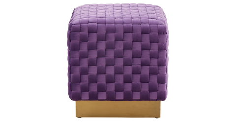 Myrtle 19" Square Weave Design Velvet Ottoman With Gold Base Purple