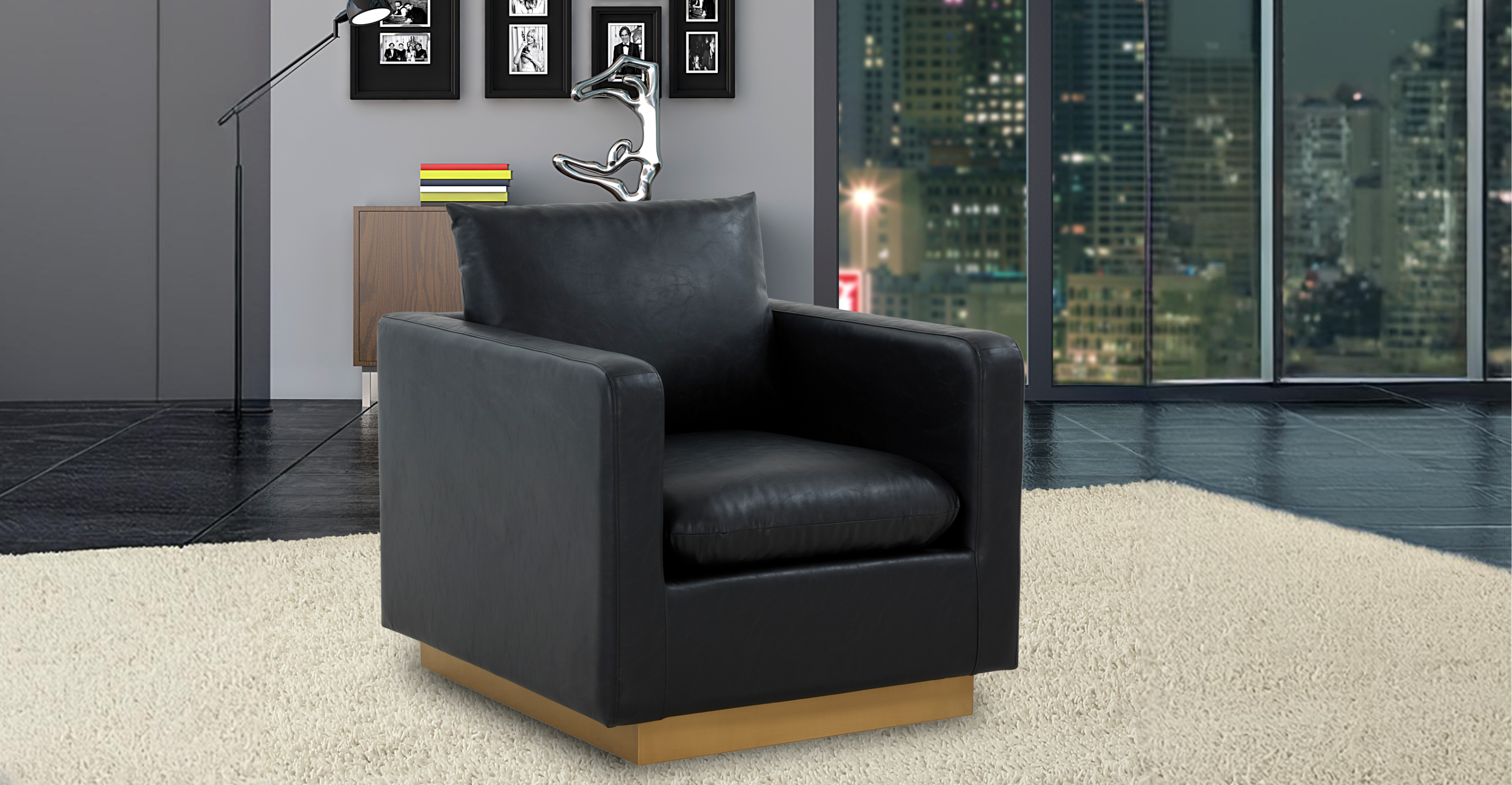 Nervo Modern Mid-Century Upholstered Velvet/Leather Accent Chair with Gold Base Black / Leather