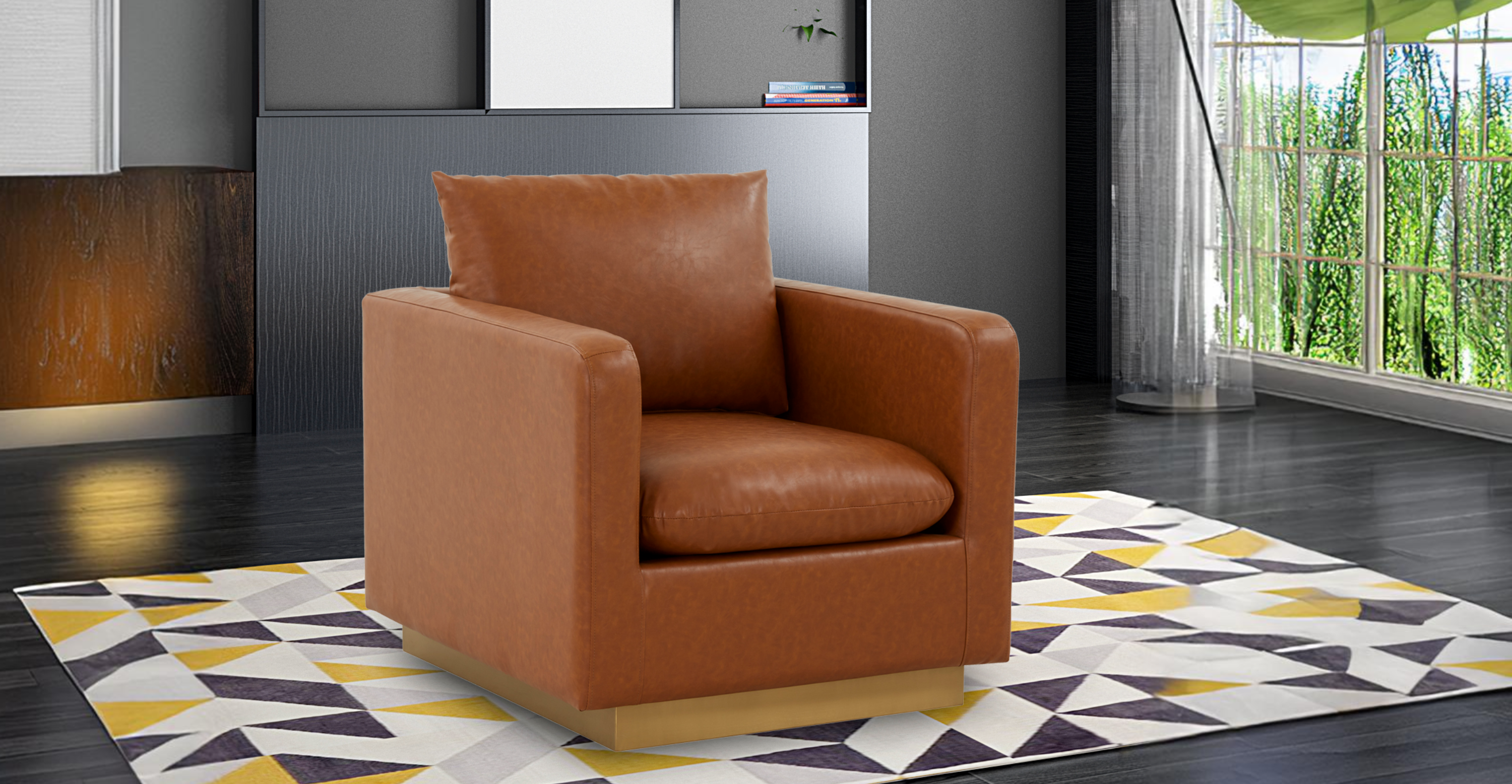 Nervo Modern Mid-Century Upholstered Velvet/Leather Accent Chair with Gold Base Cognac Tan / Leather