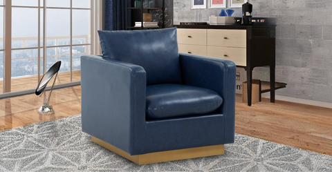 Nervo Modern Mid-Century Upholstered Velvet/Leather Accent Chair with Gold Base Navy Blue / Leather