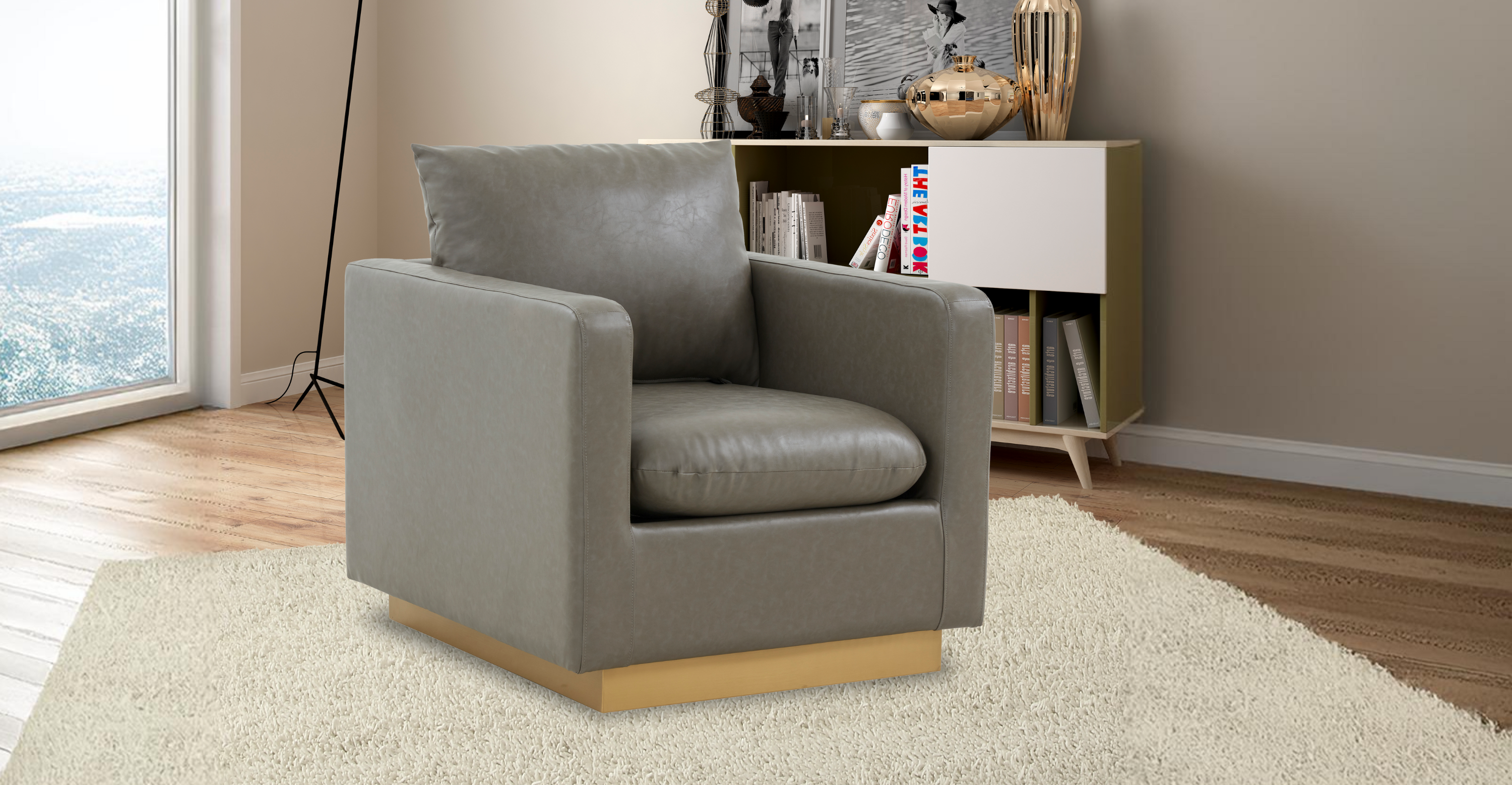 Nervo Modern Mid-Century Upholstered Velvet/Leather Accent Chair with Gold Base Grey / Leather