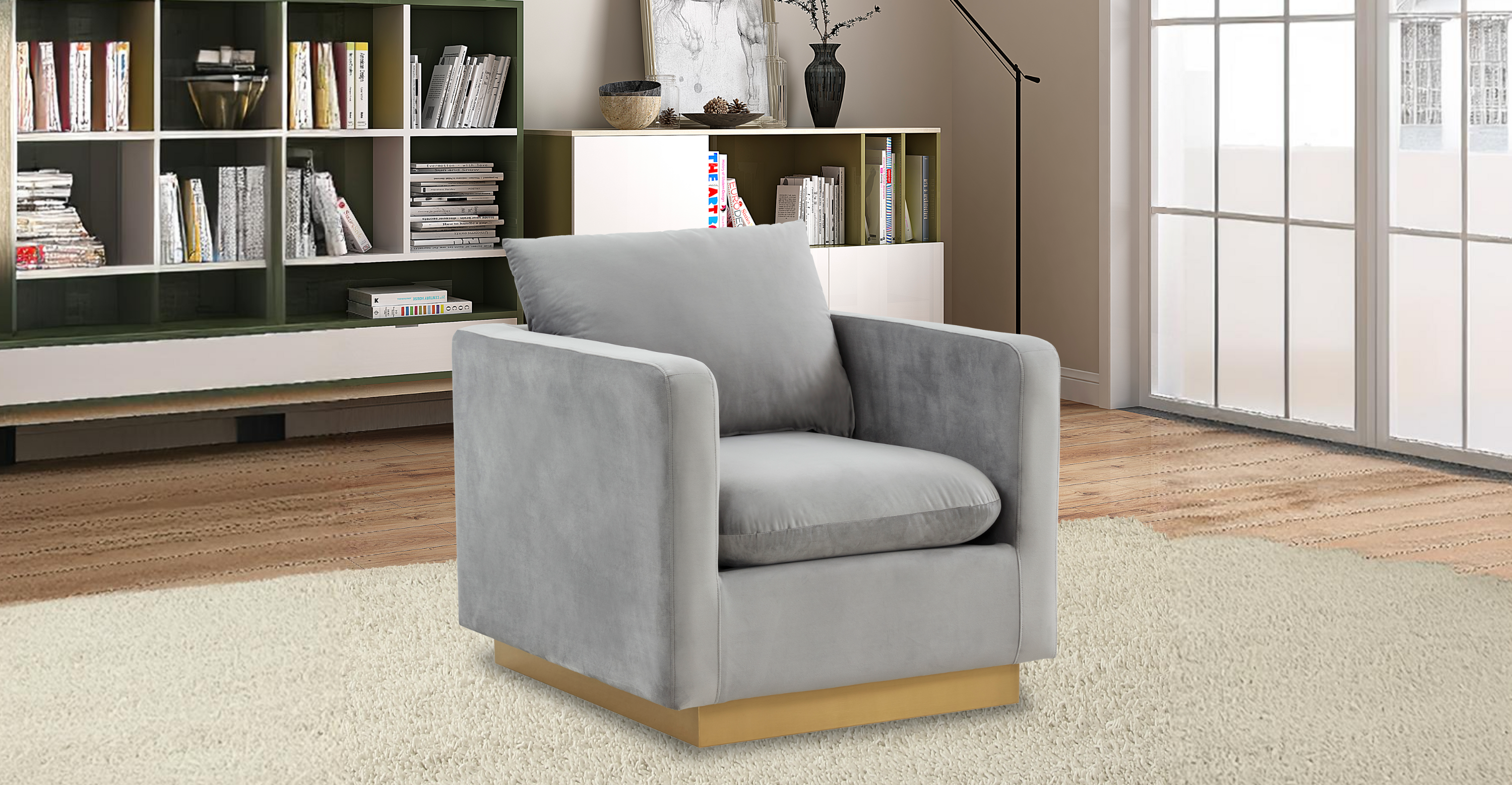 Nervo Modern Mid-Century Upholstered Velvet/Leather Accent Chair with Gold Base Light Grey / Velvet