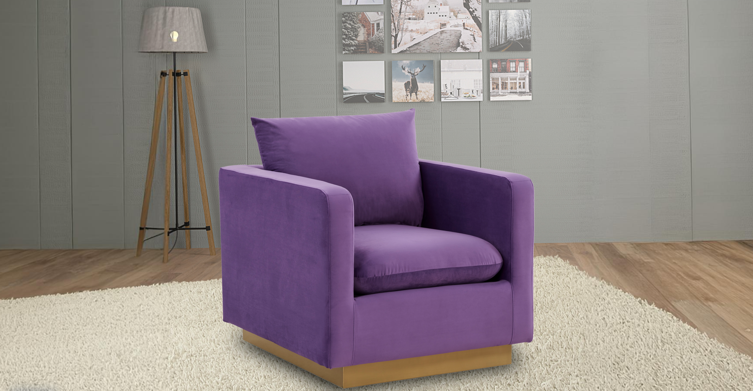 Nervo Modern Mid-Century Upholstered Velvet/Leather Accent Chair with Gold Base Purple / Velvet