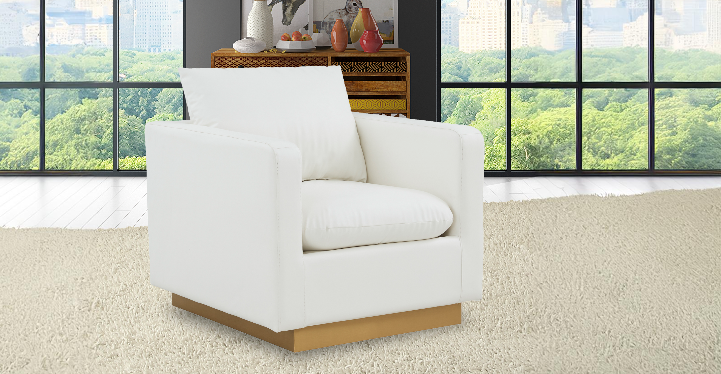 Nervo Modern Mid-Century Upholstered Velvet/Leather Accent Chair with Gold Base White / Leather