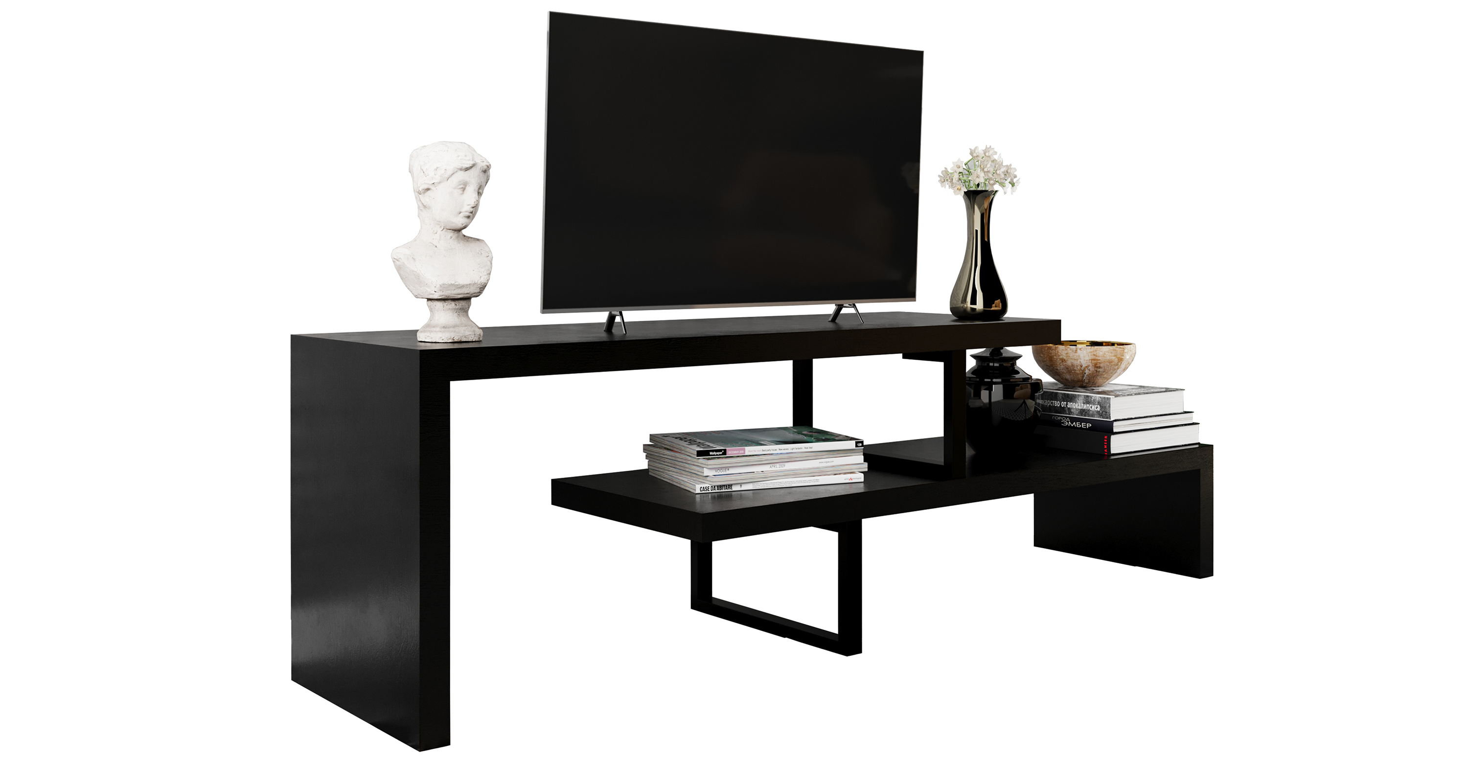 Orford Mid-Century Modern TV Stand with MDF Shelves and Powder Coated Iron Legs for Living Room Ebony