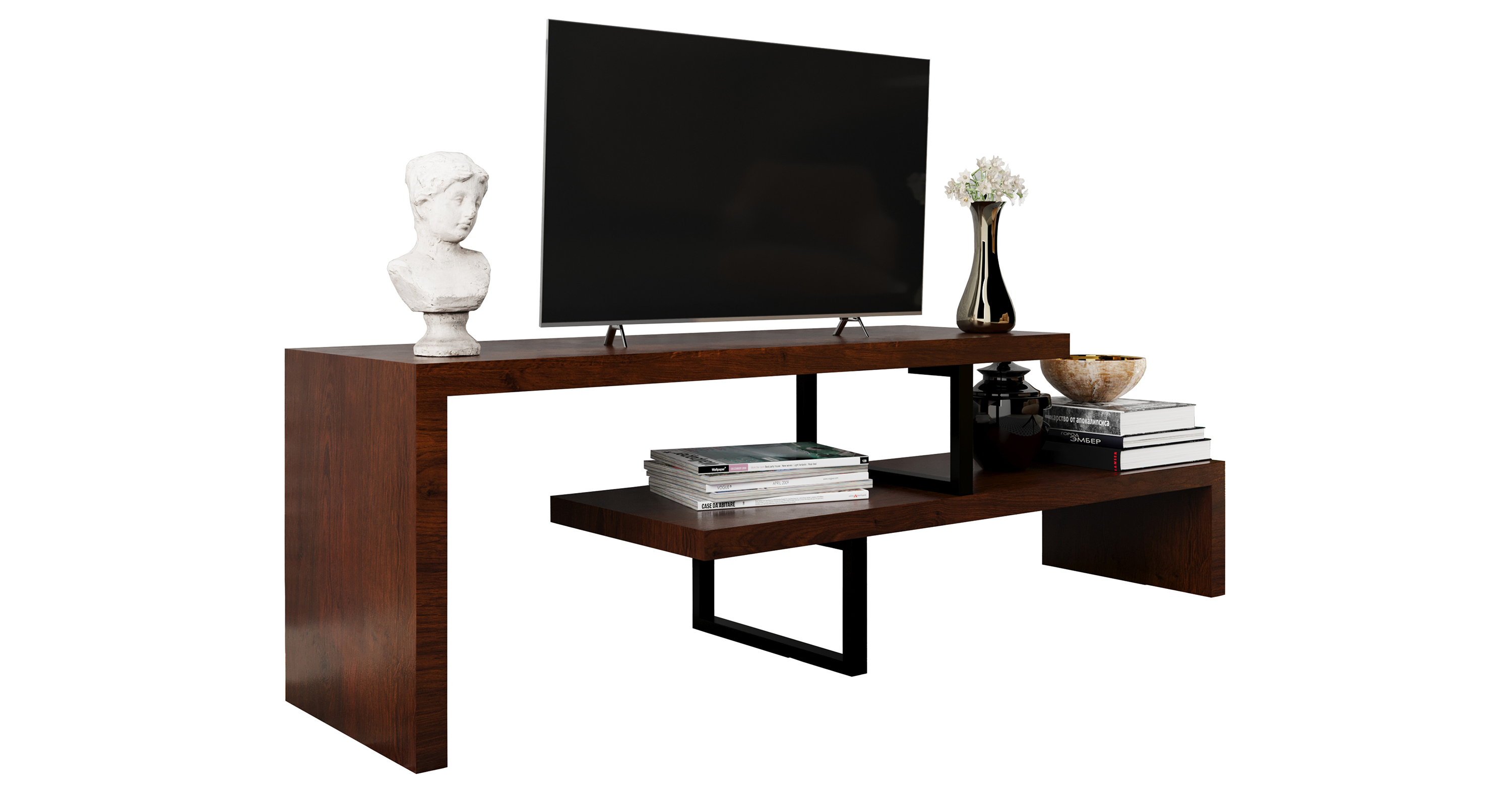 Orford Mid-Century Modern TV Stand with MDF Shelves and Powder Coated Iron Legs for Living Room Walnut