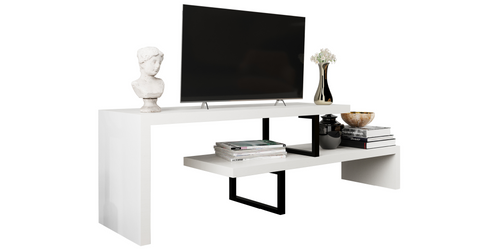 Orford Mid-Century Modern TV Stand with MDF Shelves and Powder Coated Iron Legs for Living Room White