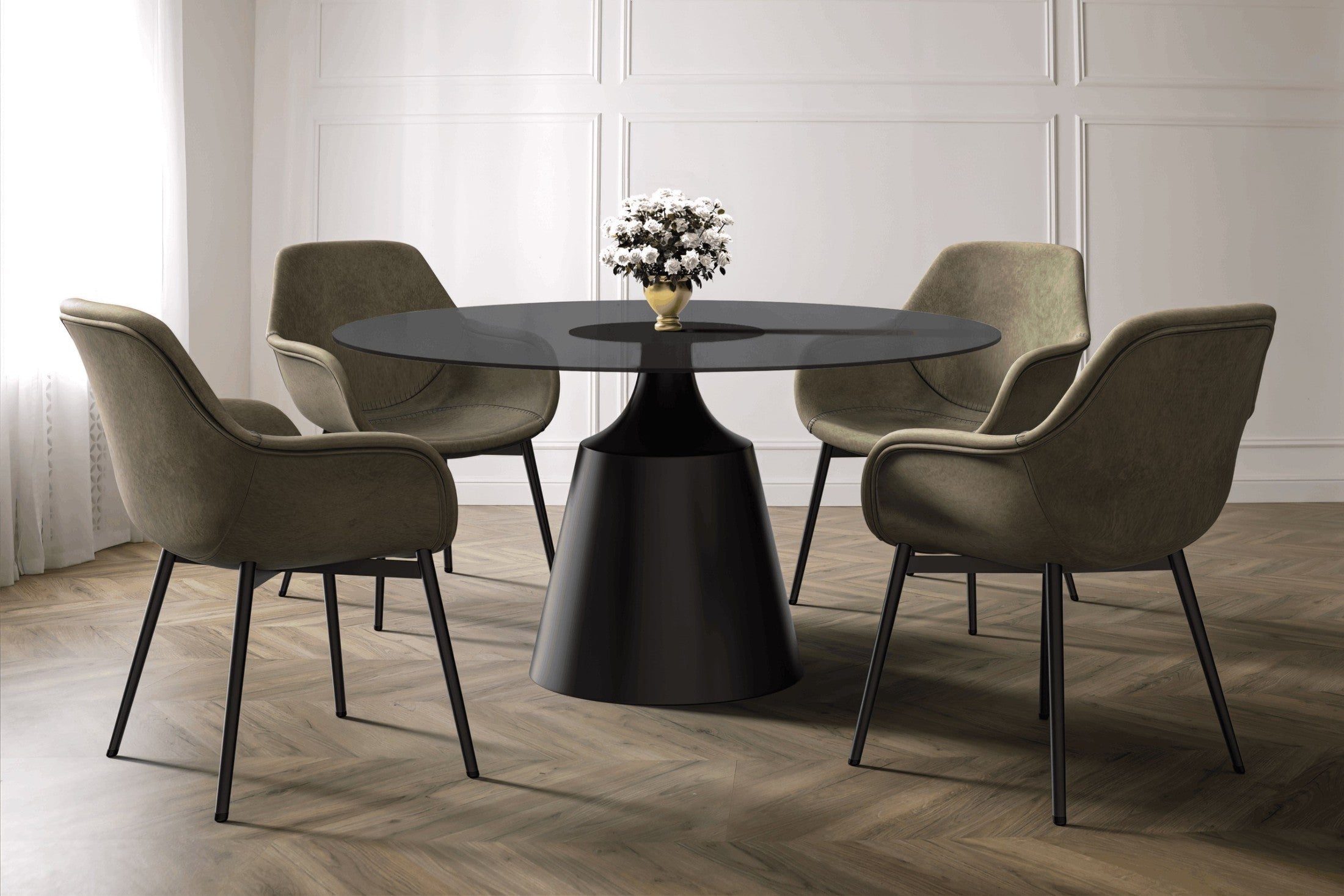 Prynn Modern Round Dining Table with a Sintered Stone/Glass Top in Stainless Steel