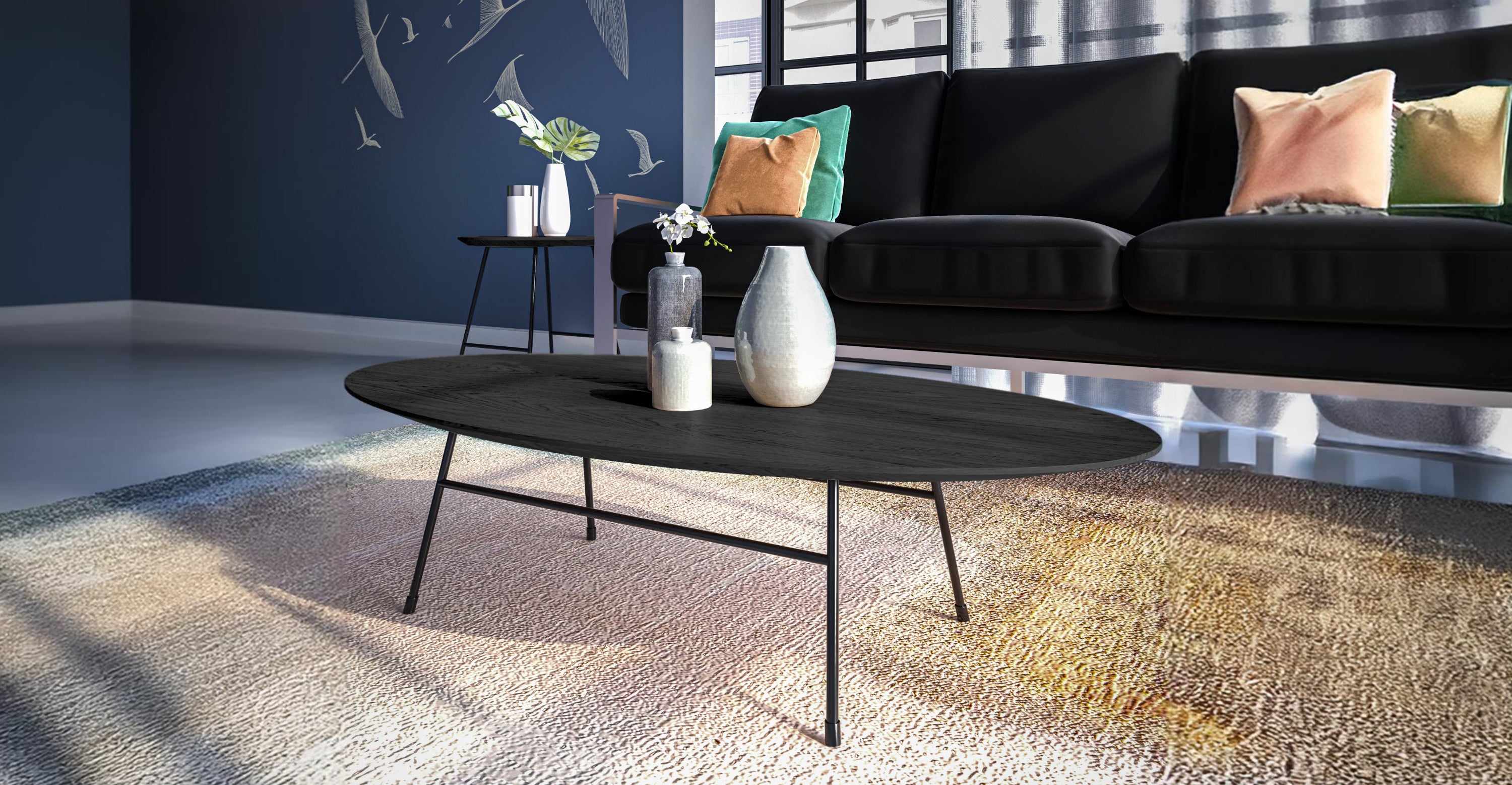 Rossmore Oval Coffee Table with MDF Wood Tabletop in Black Steel Frame Black