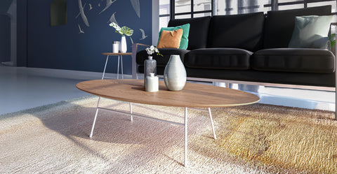 Rossmore Oval Coffee Table with MDF Wood Tabletop in Black Steel Frame Natural Wood