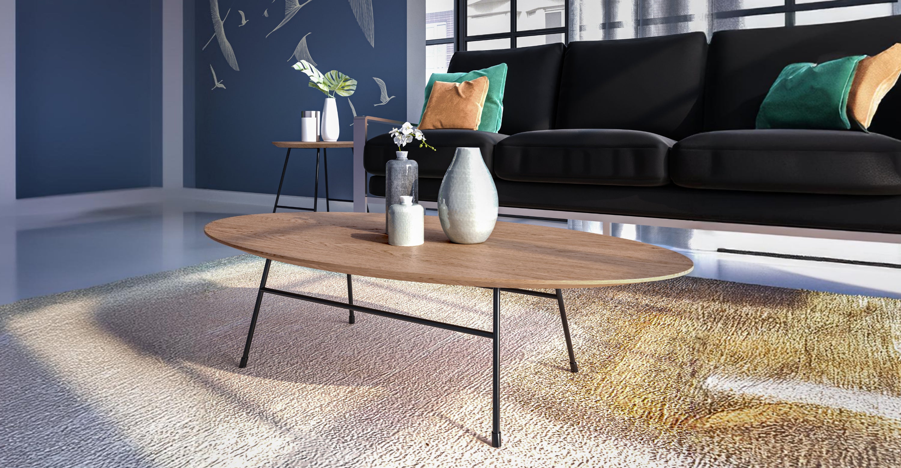 Rossmore Oval Coffee Table with MDF Wood Tabletop in Black Steel Frame Natural Wood