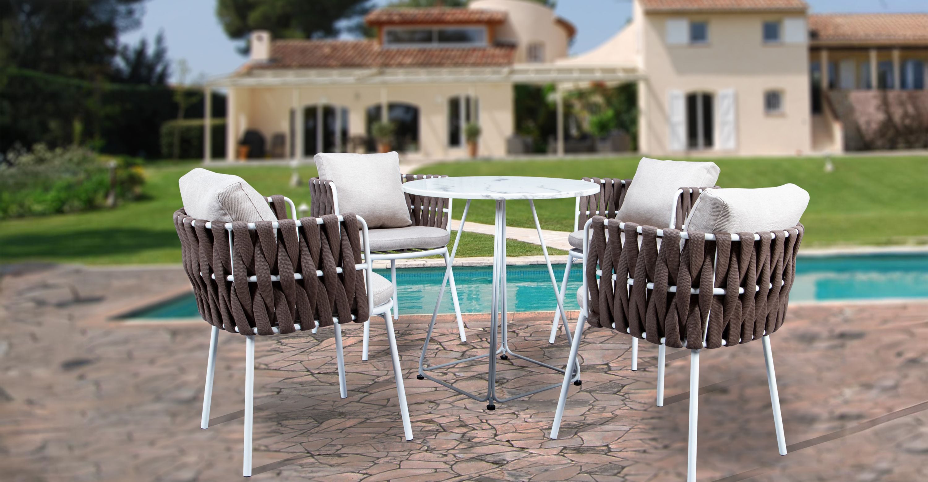 Spencer Modern Outdoor Patio Dining Chair with Rope Design and Cushions Brown