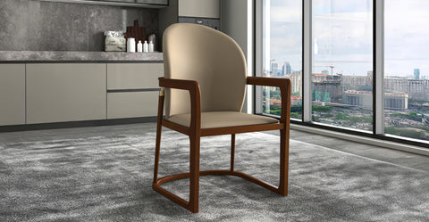 Svelta Dining Chair in Upholstered Leather Accent Arm Chair and Rubberwood Frame and Legs Dark Toupe