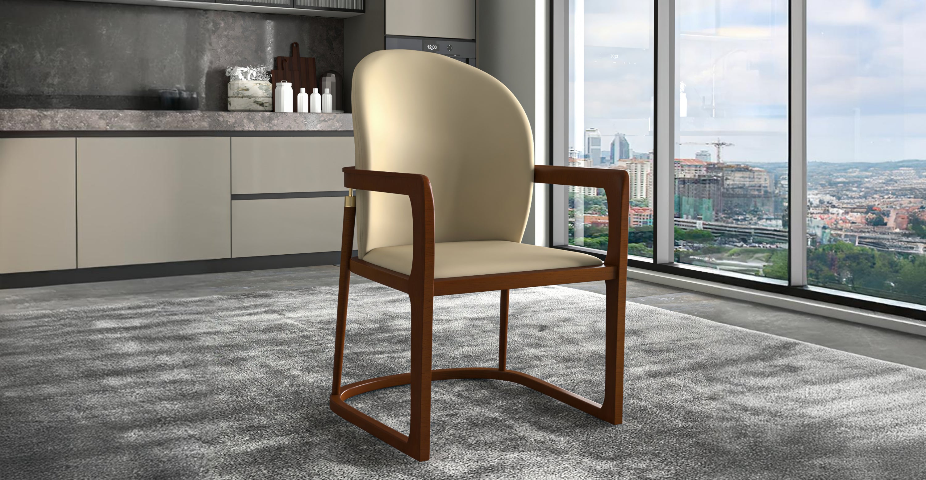 Svelta Dining Chair in Upholstered Leather Accent Arm Chair and Rubberwood Frame and Legs Toupe