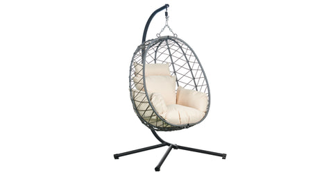 Summit Outdoor Single Person Egg Swing Chair in Grey Steel Frame With Removable Cushions Beige