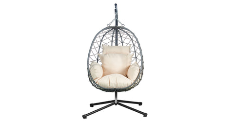 Summit Outdoor Single Person Egg Swing Chair in Grey Steel Frame With Removable Cushions Beige