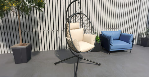 Summit Outdoor Single Person Egg Swing Chair in Grey Steel Frame With Removable Cushions Beige