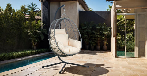 Summit Outdoor Single Person Egg Swing Chair in Grey Steel Frame With Removable Cushions Beige