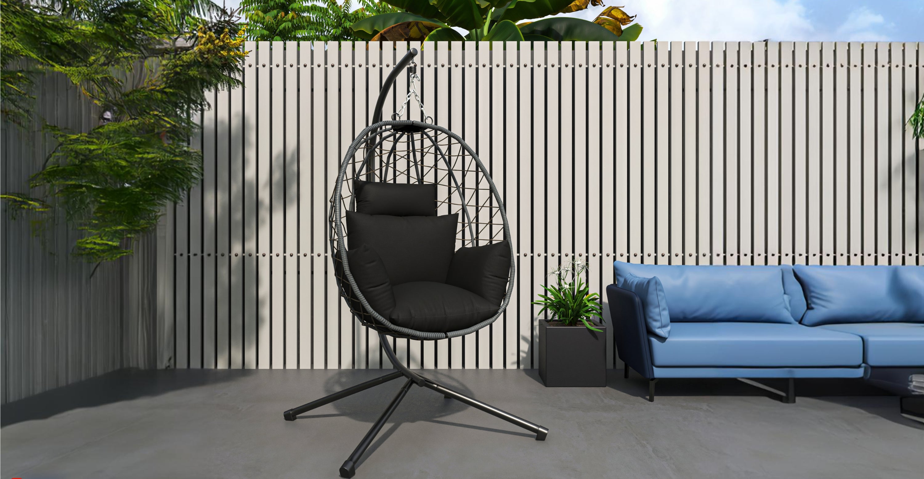 Summit Outdoor Single Person Egg Swing Chair in Grey Steel Frame With Removable Cushions Black