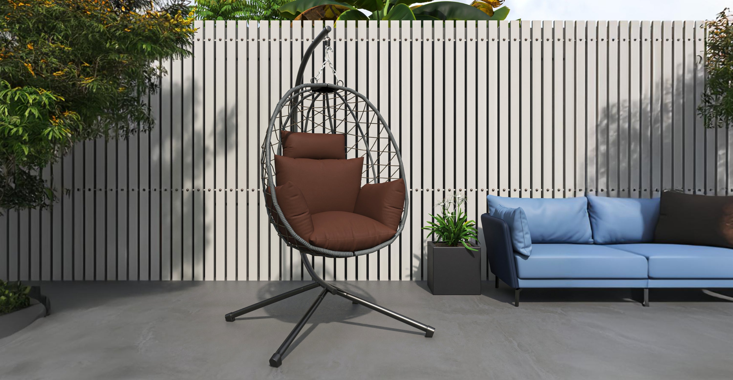 Summit Outdoor Single Person Egg Swing Chair in Grey Steel Frame With Removable Cushions Brown