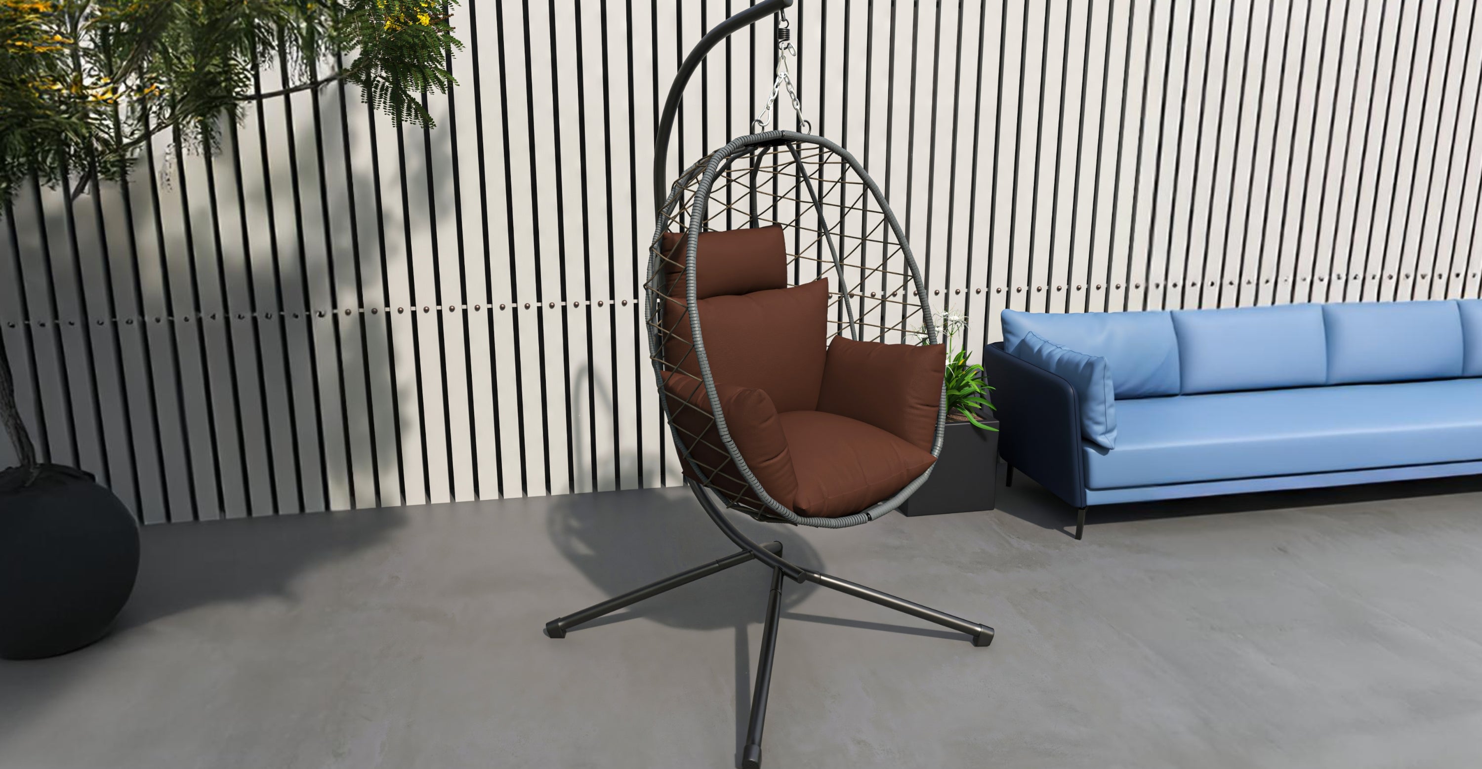 Summit Outdoor Single Person Egg Swing Chair in Grey Steel Frame With Removable Cushions Brown