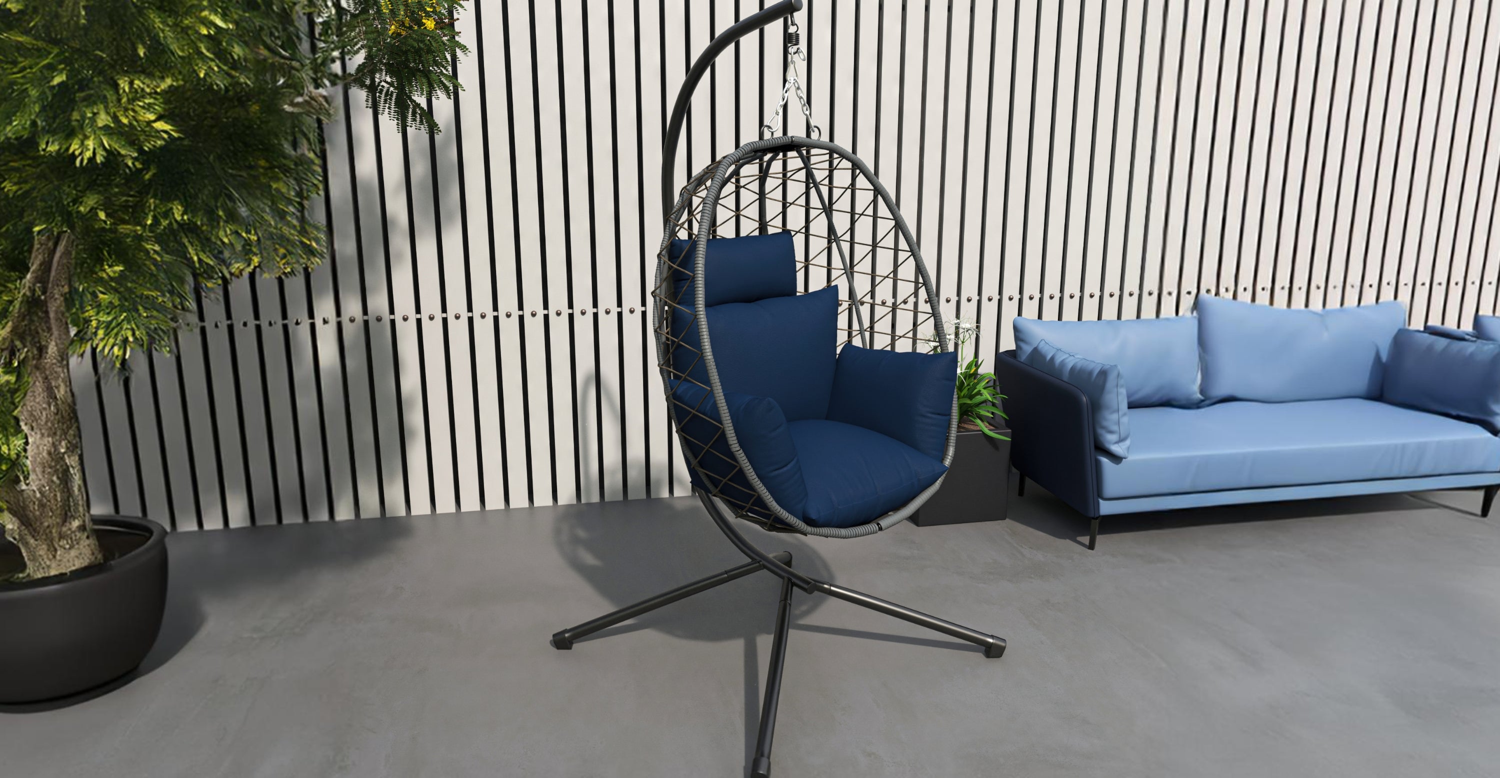 Summit Outdoor Single Person Egg Swing Chair in Grey Steel Frame With Removable Cushions Blue