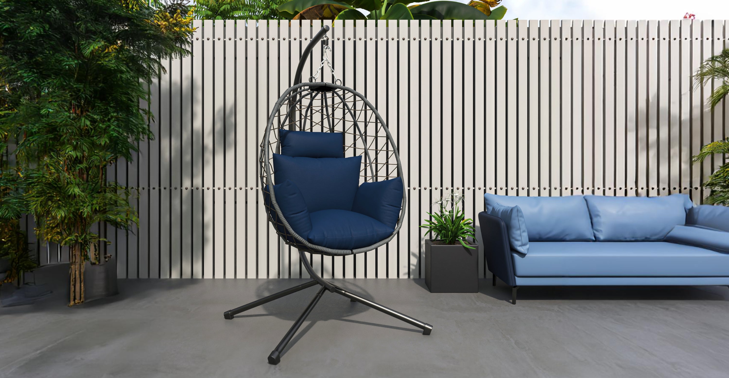 Summit Outdoor Single Person Egg Swing Chair in Grey Steel Frame With Removable Cushions Blue