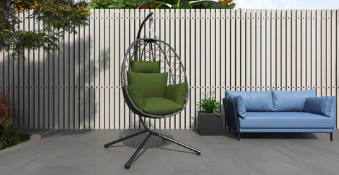 Summit Outdoor Single Person Egg Swing Chair in Grey Steel Frame With Removable Cushions Dark Green