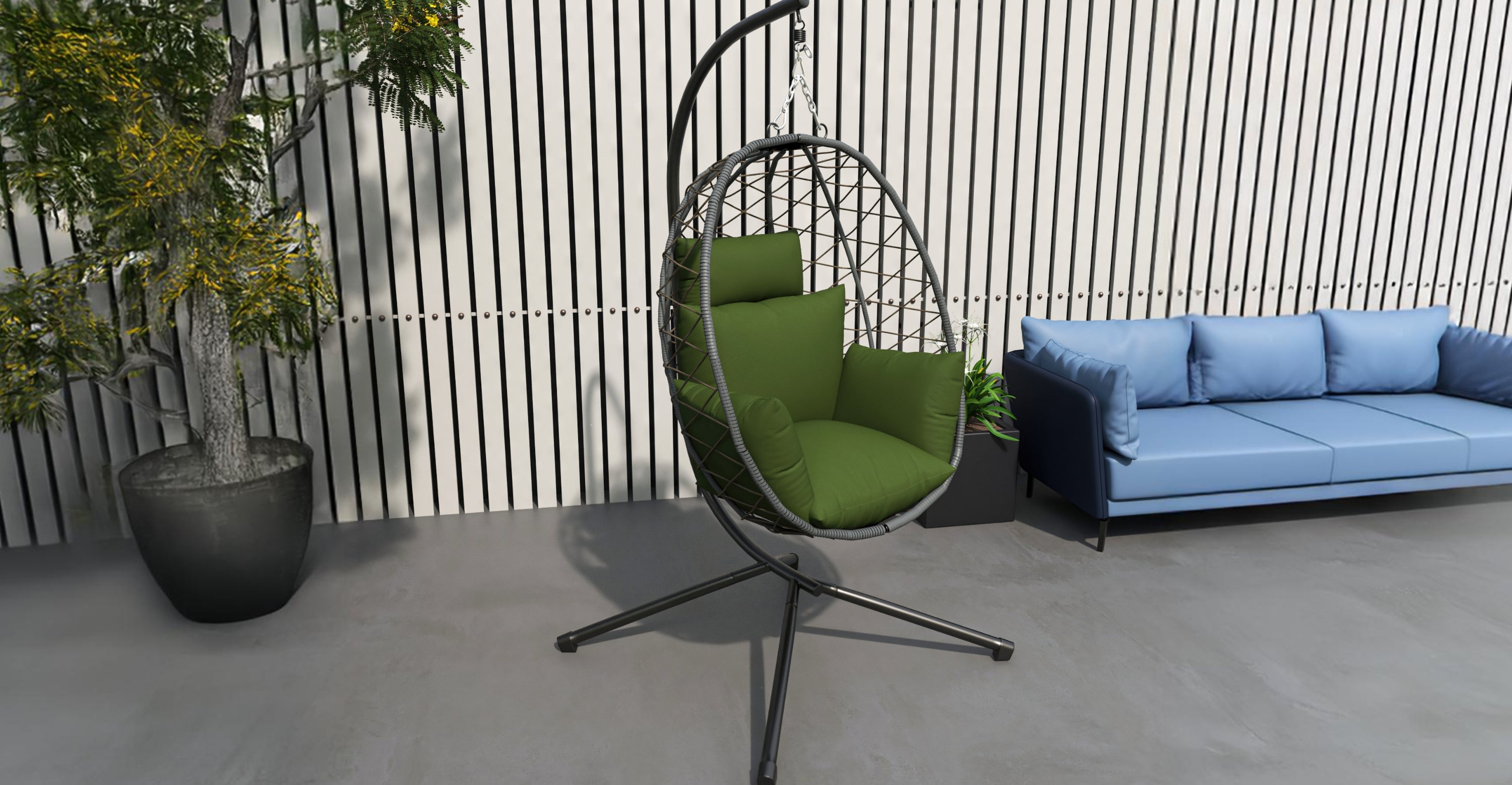 Summit Outdoor Single Person Egg Swing Chair in Grey Steel Frame With Removable Cushions Dark Green