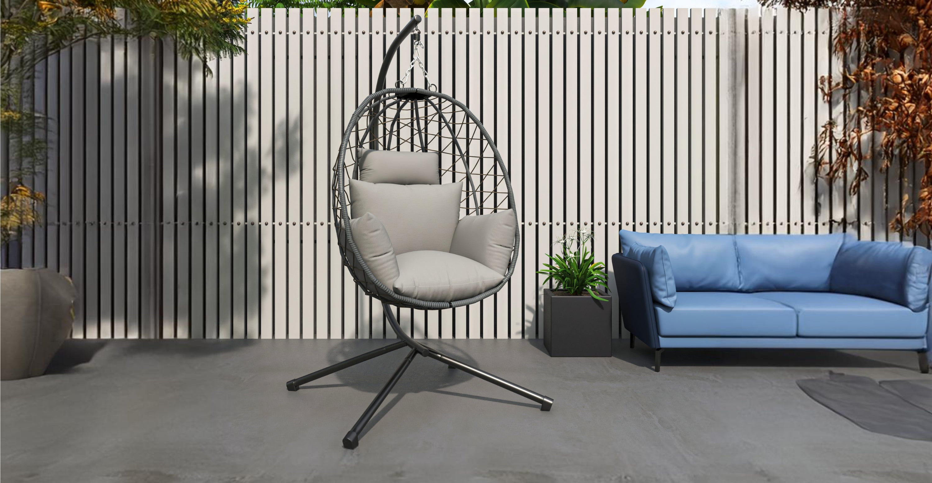 Summit Outdoor Single Person Egg Swing Chair in Grey Steel Frame With Removable Cushions Grey