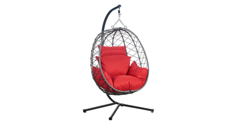 Summit Outdoor Single Person Egg Swing Chair in Grey Steel Frame With Removable Cushions Red