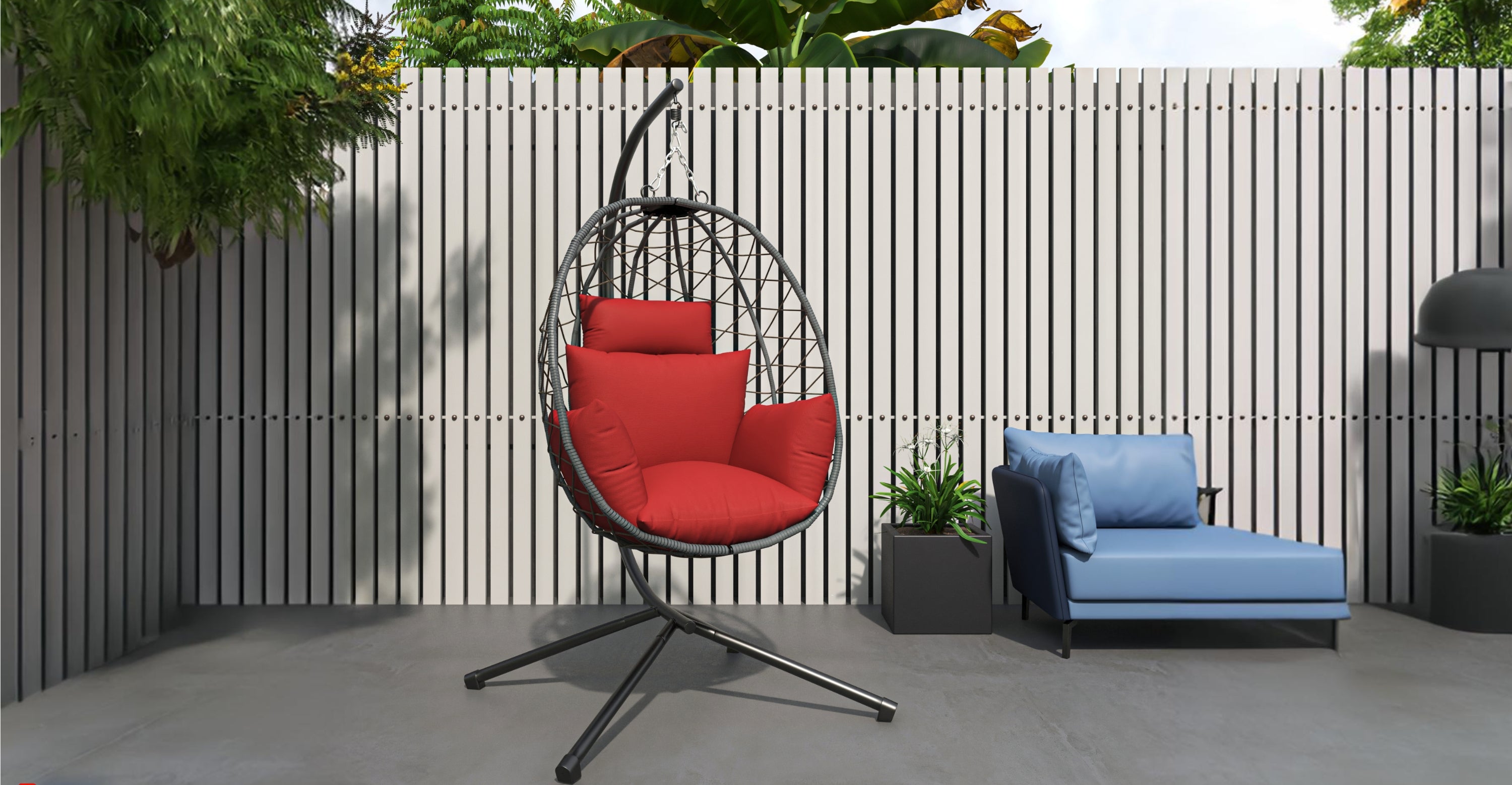 Summit Outdoor Single Person Egg Swing Chair in Grey Steel Frame With Removable Cushions Red