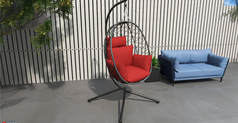 Summit Outdoor Single Person Egg Swing Chair in Grey Steel Frame With Removable Cushions Red