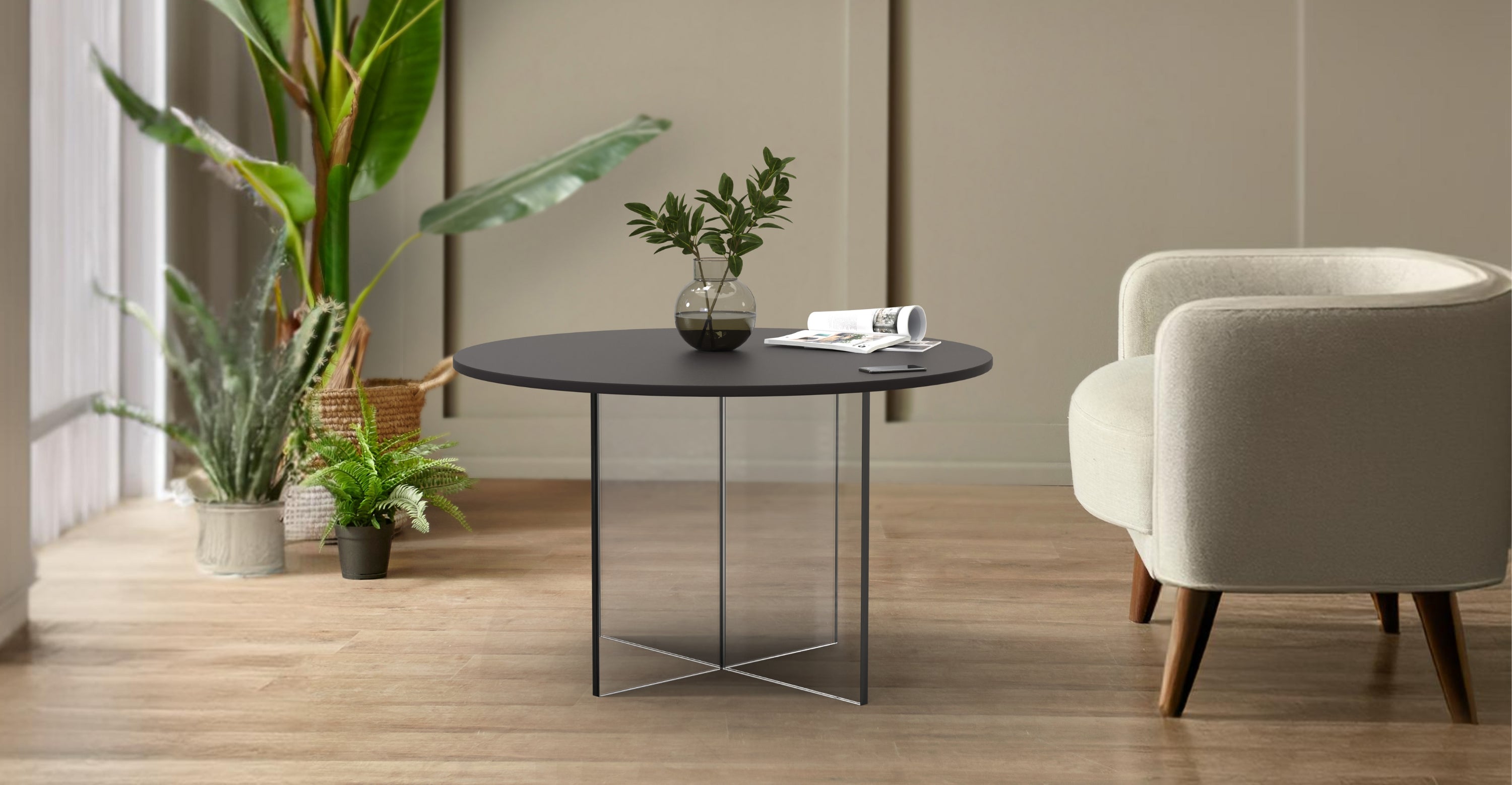 Valore Coffee Table with Round MDF Tabletop and Sturdy Acrylic Cross Base Black