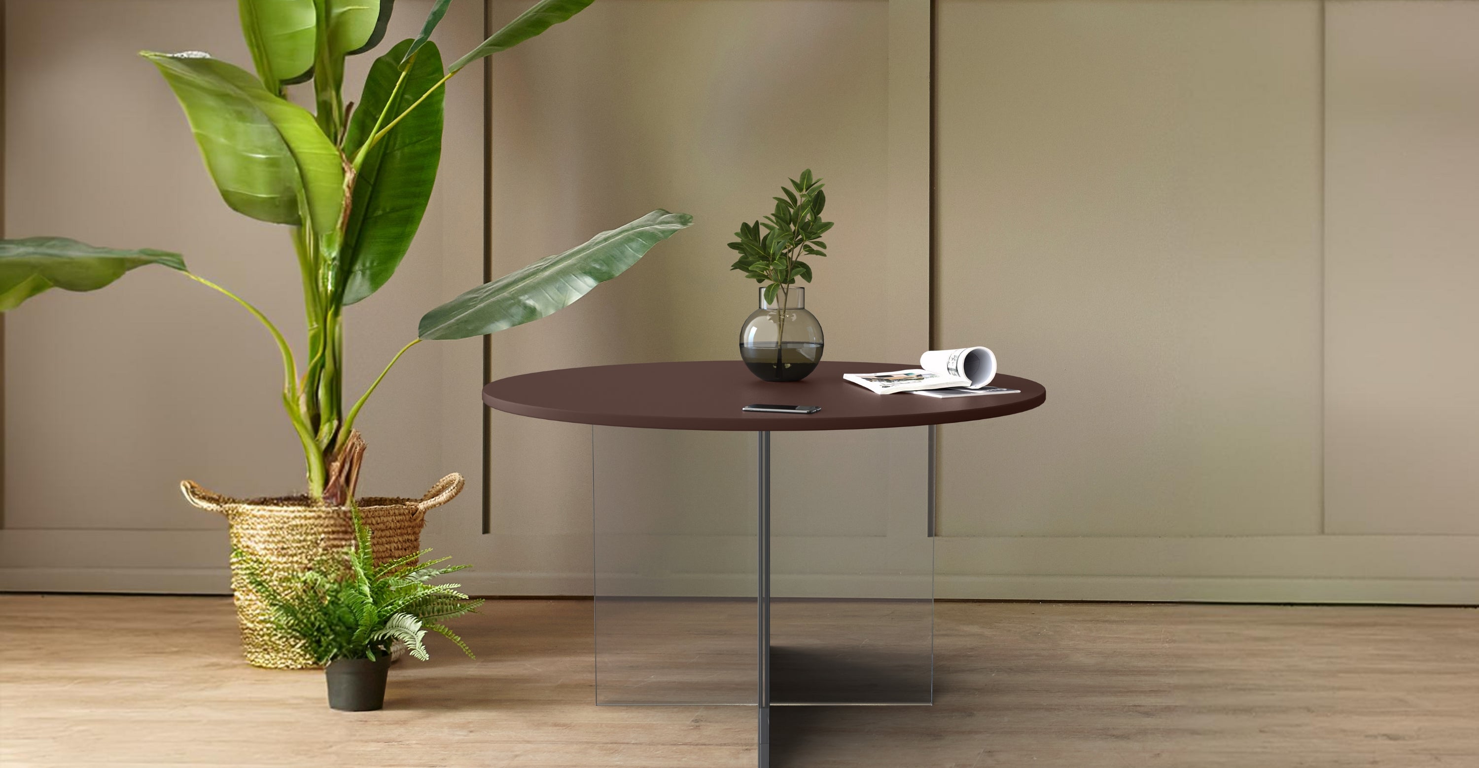 Valore Coffee Table with Round MDF Tabletop and Sturdy Acrylic Cross Base Walnut