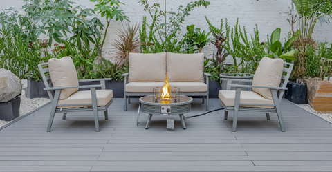 Walbrooke Aluminum Patio Conversation With Slats Design Fire Pit Table & Tank Holder Beige / Grey / Square