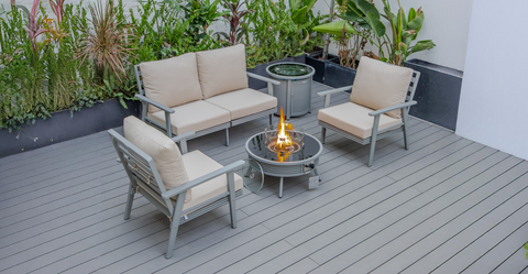 Walbrooke Aluminum Patio Conversation With Slats Design Fire Pit Table & Tank Holder Beige / Grey / Square