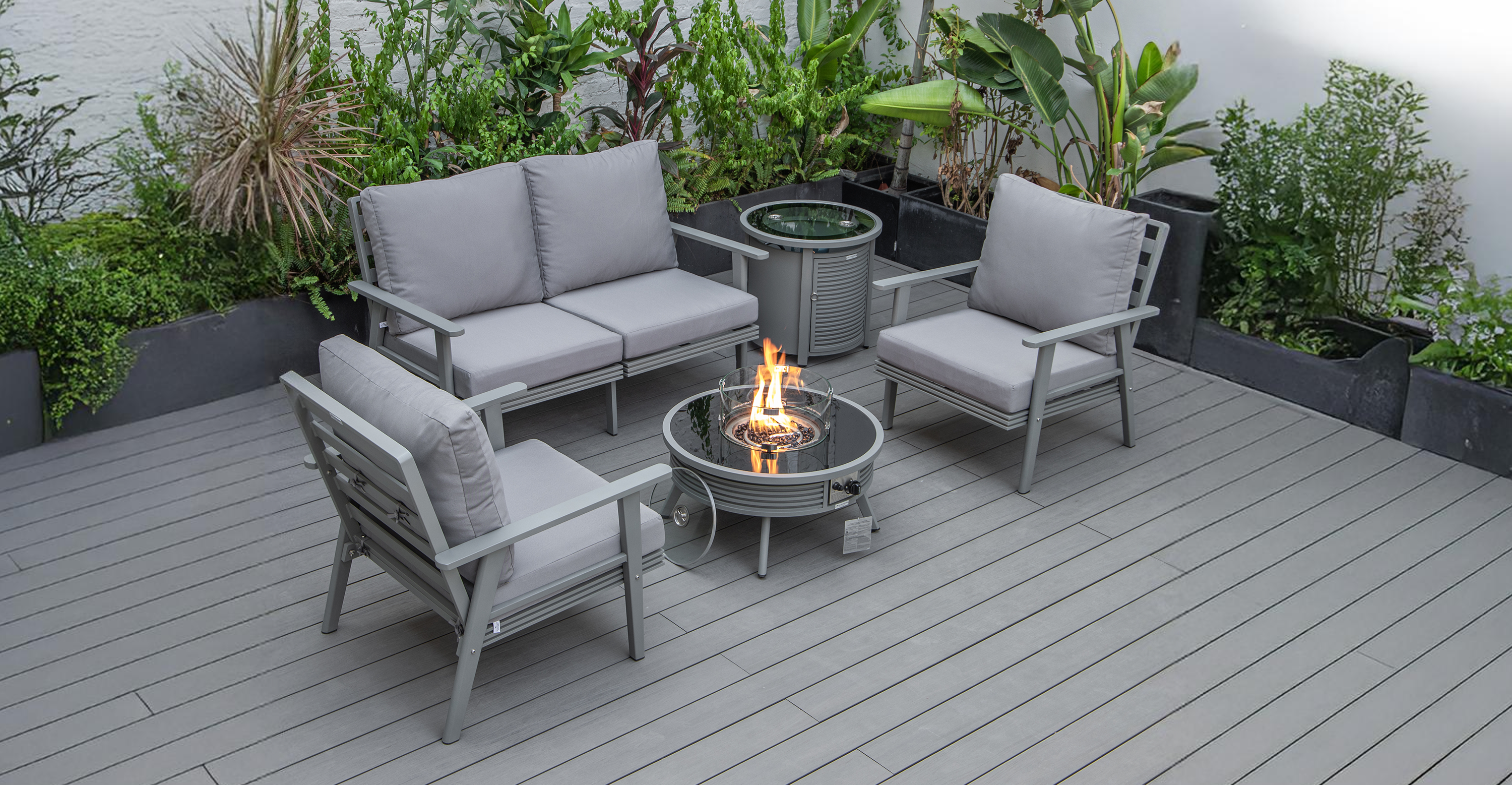 Walbrooke Aluminum Patio Conversation With Slats Design Fire Pit Table & Tank Holder Grey / Grey / Square