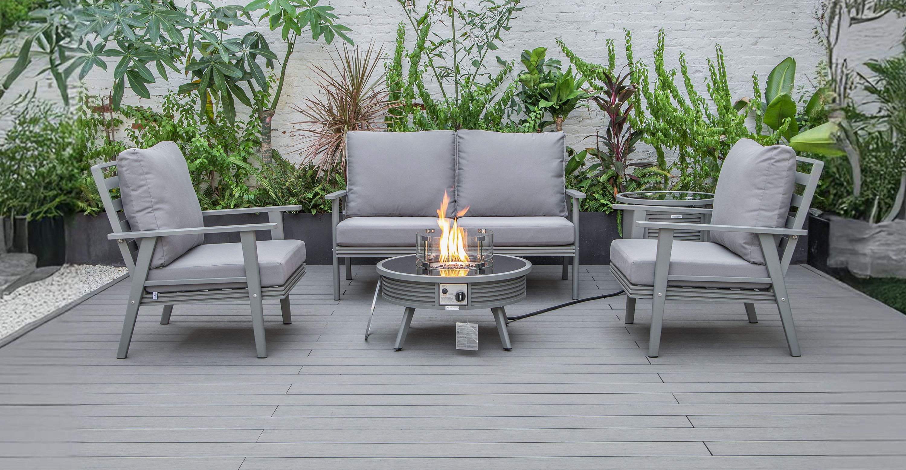 Walbrooke Aluminum Patio Conversation With Slats Design Fire Pit Table & Tank Holder Grey / Grey / Square