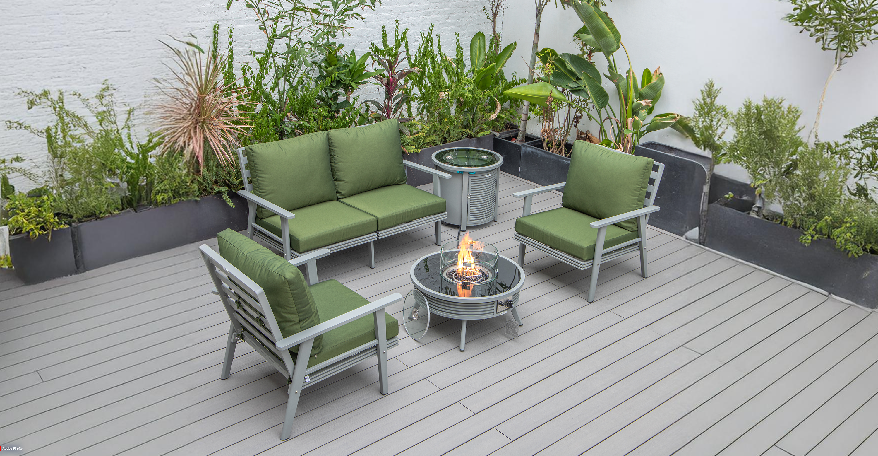 Walbrooke Aluminum Patio Conversation With Slats Design Fire Pit Table & Tank Holder Green / Grey / Square