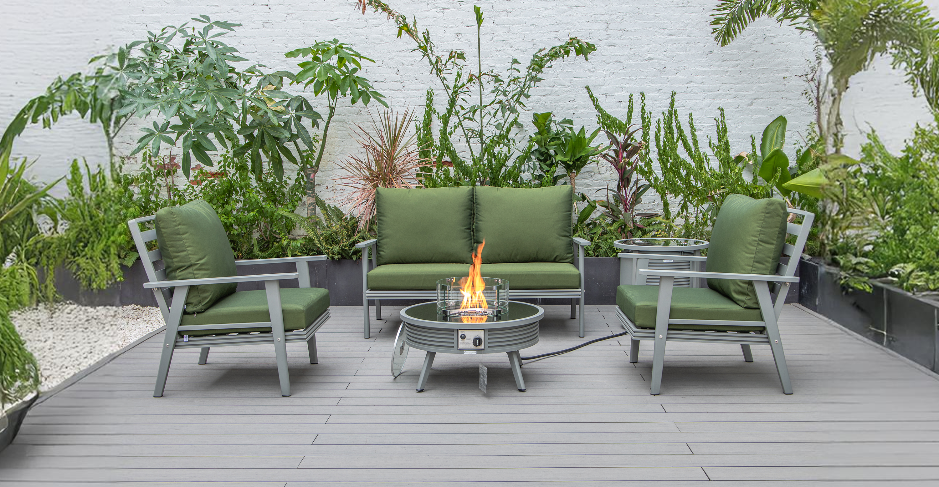 Walbrooke Aluminum Patio Conversation With Slats Design Fire Pit Table & Tank Holder Green / Grey / Square